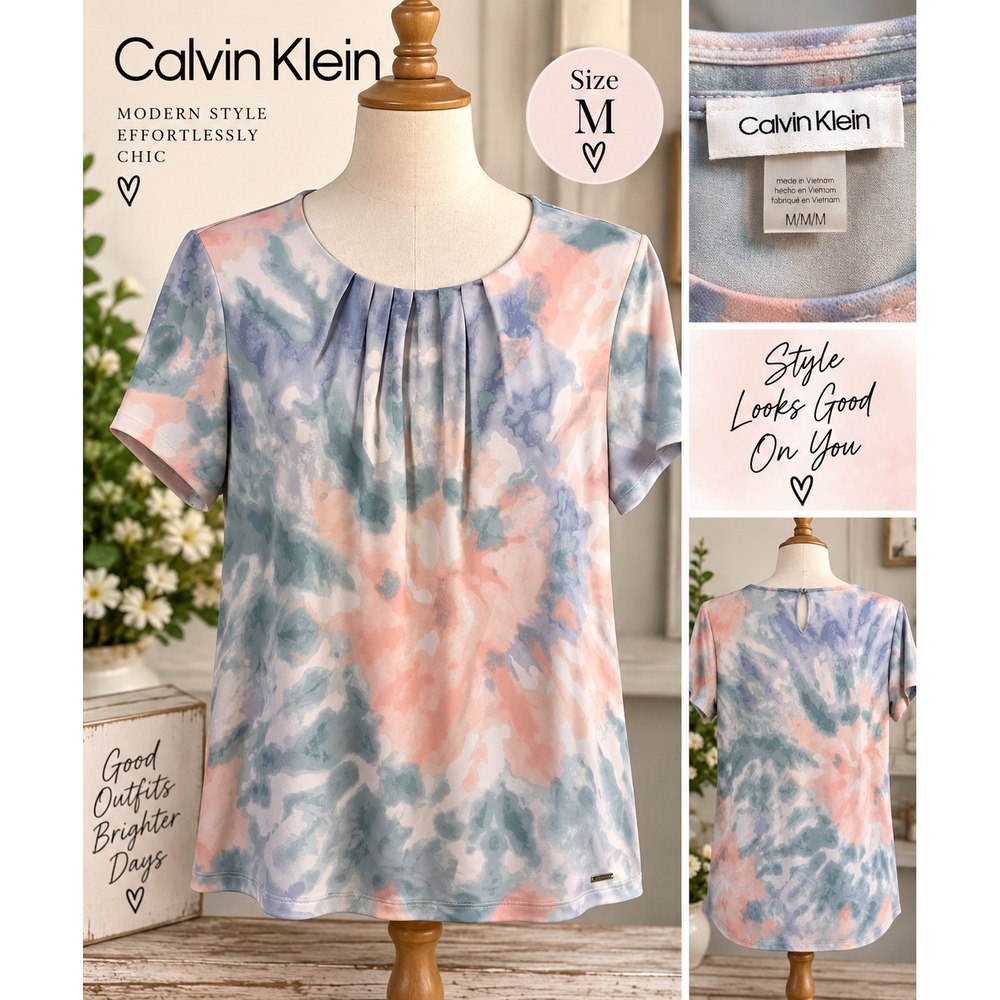 Calvin Klein Womens M Pastel Tie Dye Pleated Neck Short Sleeve Blouse Top